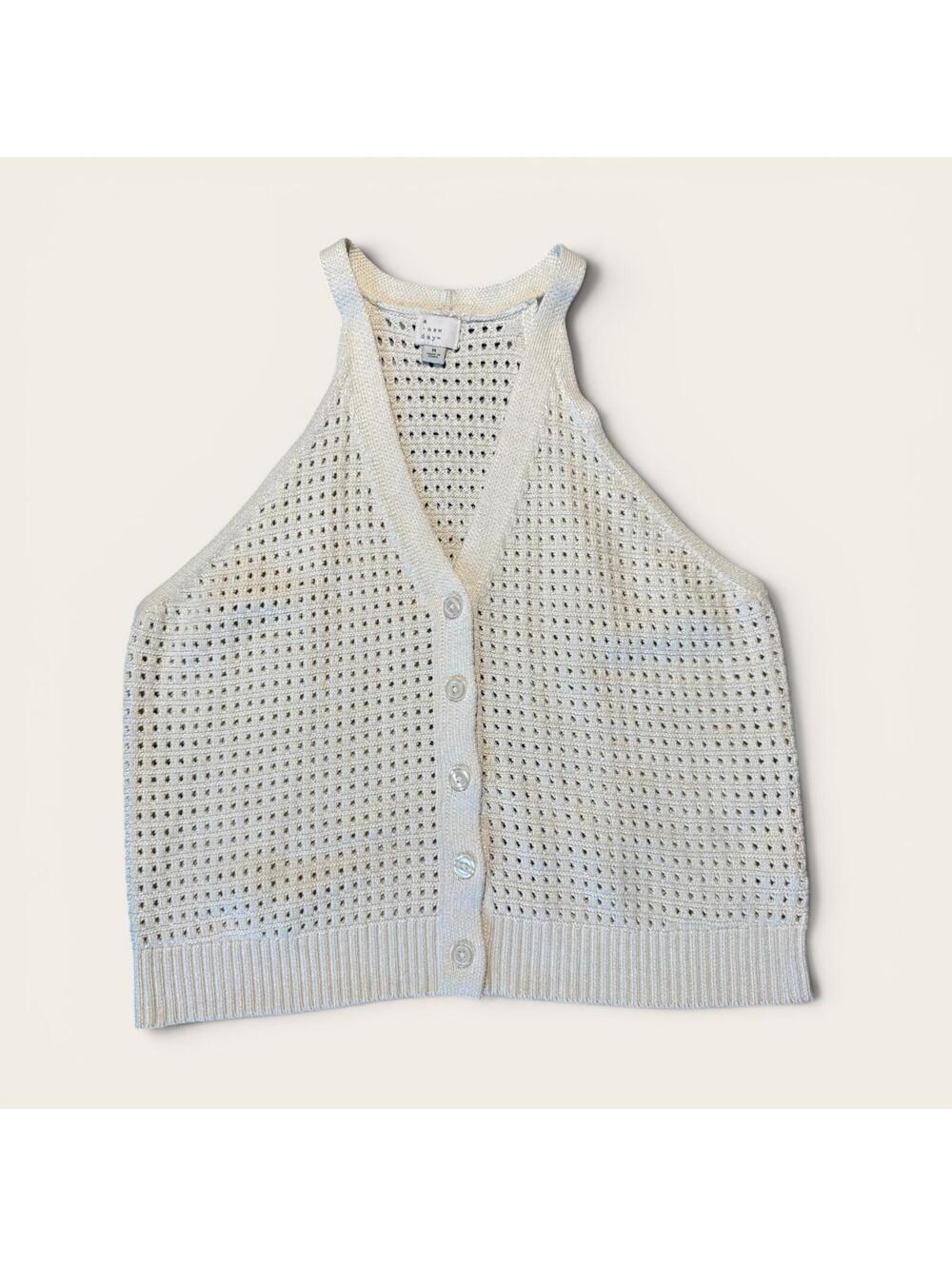 A New Day Creme Crochet Knit Button-Front Halter Top